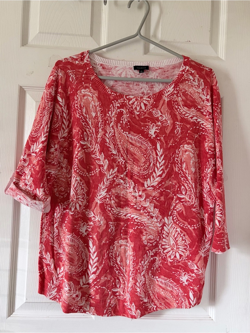 Talbots Coral and‎ White Paisley Short Sleeve Knit Top